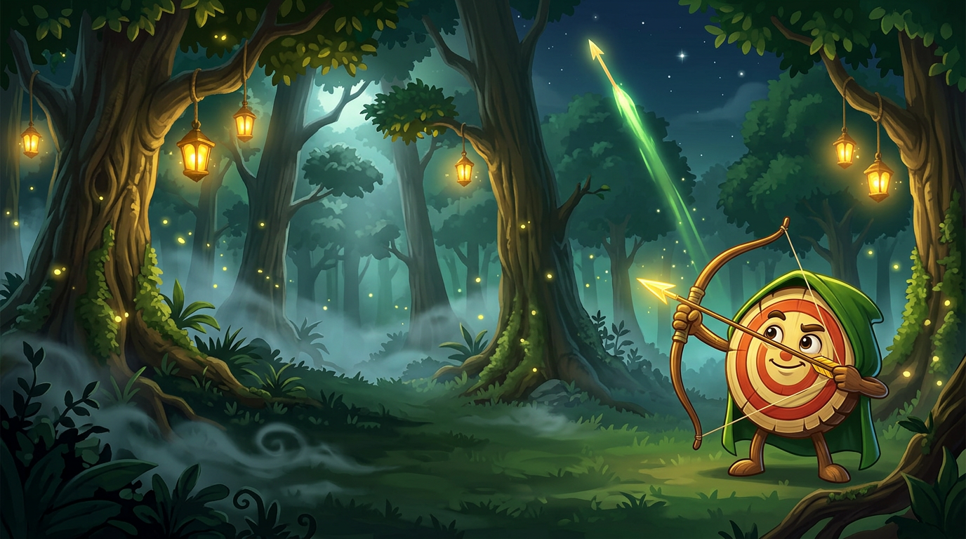 An enchanted midnight forest with Fletch, the hooded target archer, standing on the right